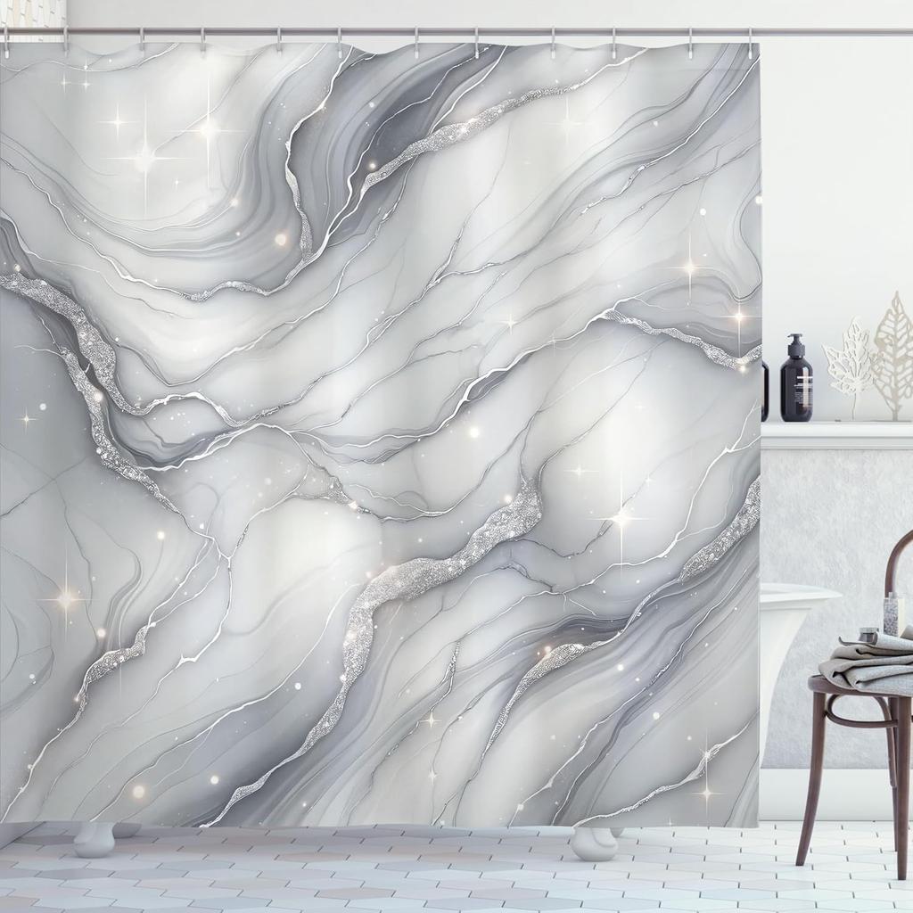 Grauer Duschvorhang, Modernes Abstraktes Marmor-Print-Look Sternenhimmel-Atmosphäre Print Wellenlinien Boho, Stoff Stoff Badezimmer