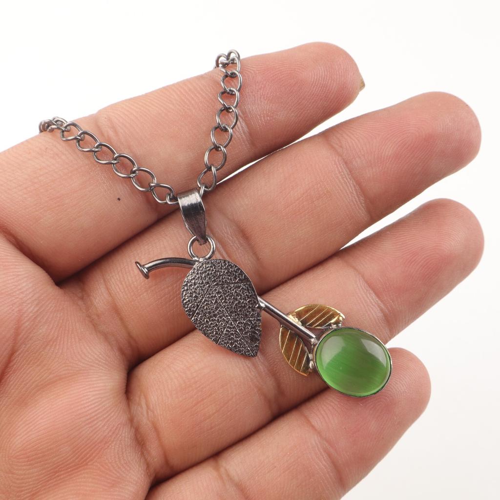 Natural Green Cat's Eye Gemstone 925 Sterling Silver Jewelry Pendant Necklace PP-55-30