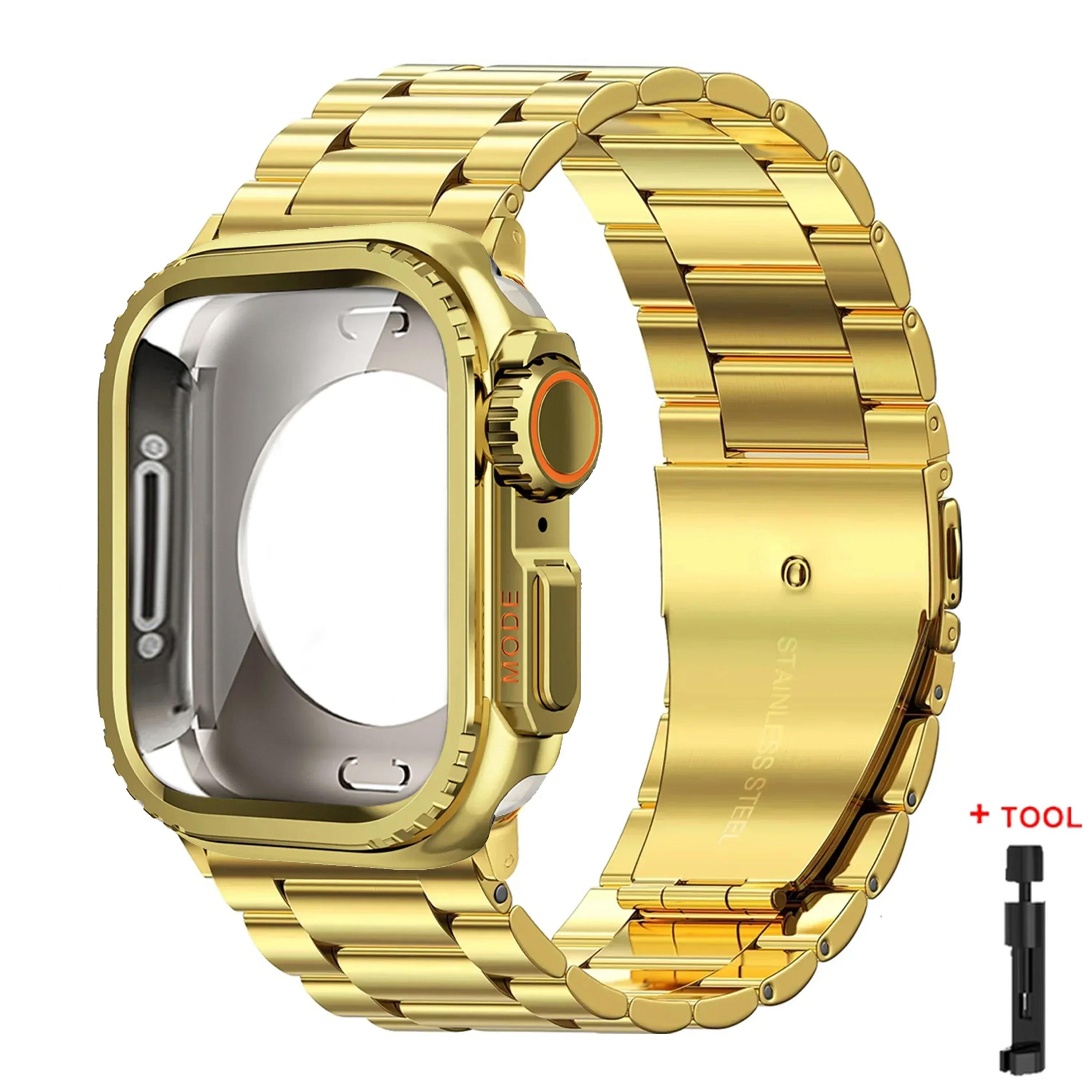 

Чехол+Ремешок для Apple Watch Ultra 2 Ремешок 49мм 46мм 42мм 45мм 44мм Браслет из нержавеющей стали IWatch Серии 10 9 8 7 SE Металлический Чехол For Series6SE54 44mm золотой