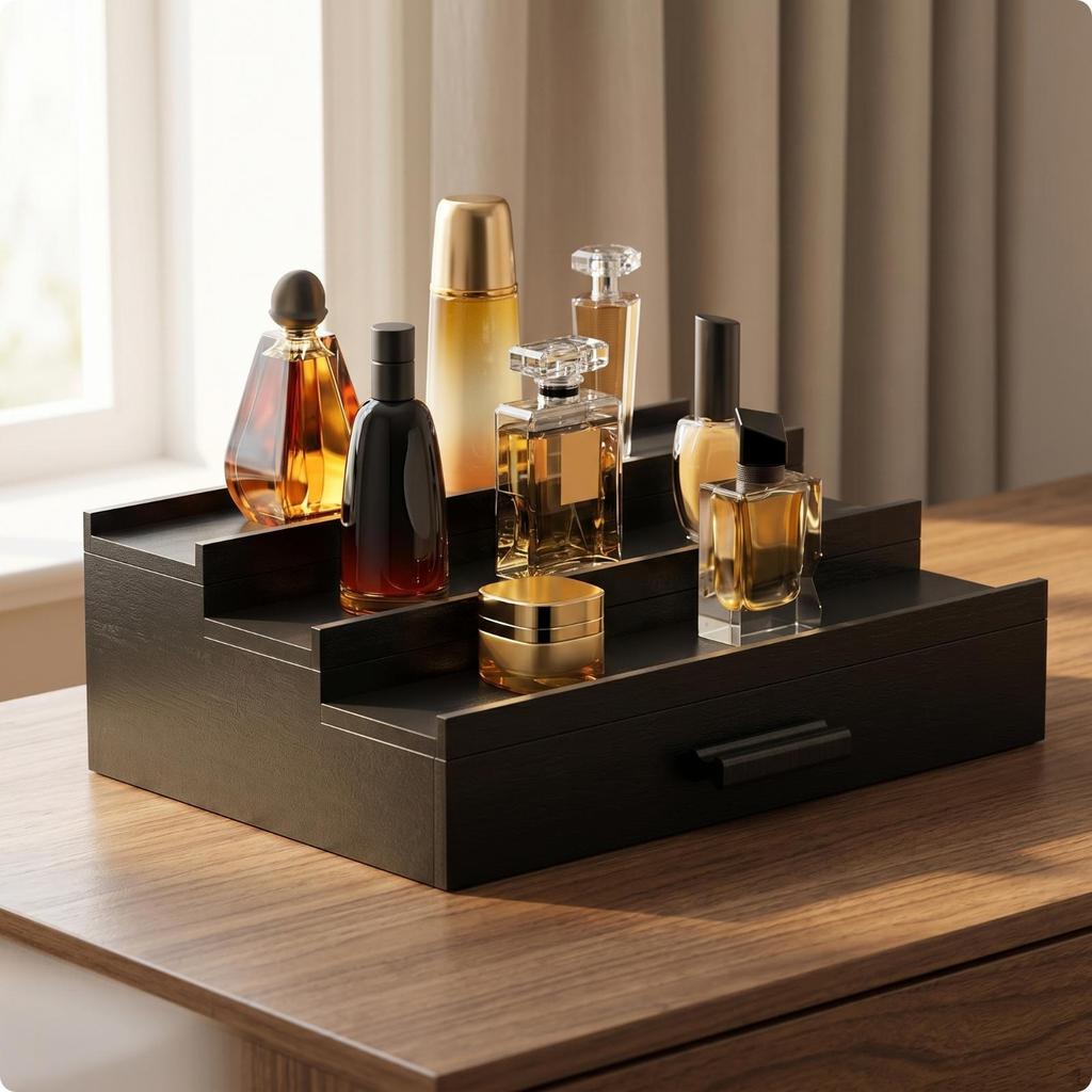 Wooden Display Rack with Drawer 3Tiers Tiered Perfume Organizer Countertop