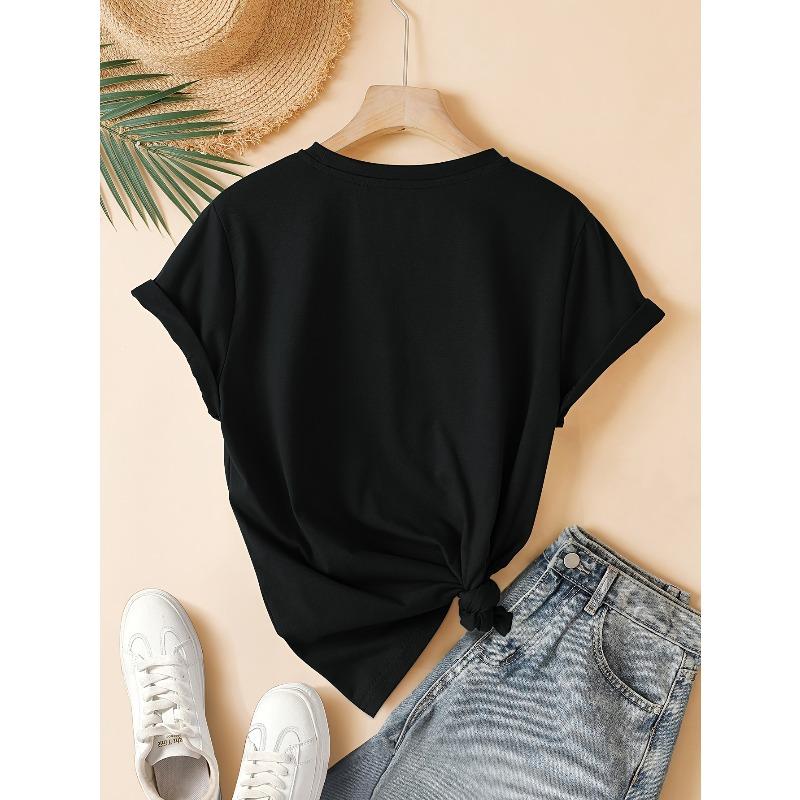 Womens Black Heart Print Vintage Style Summer Casual Sporty Round Neck Short Sleeve Tee