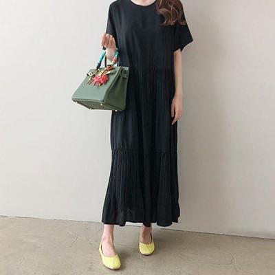 Summer Solid Color Round Neck Artistic Cotton Linen Loose Pleated Short Sleeved Dress