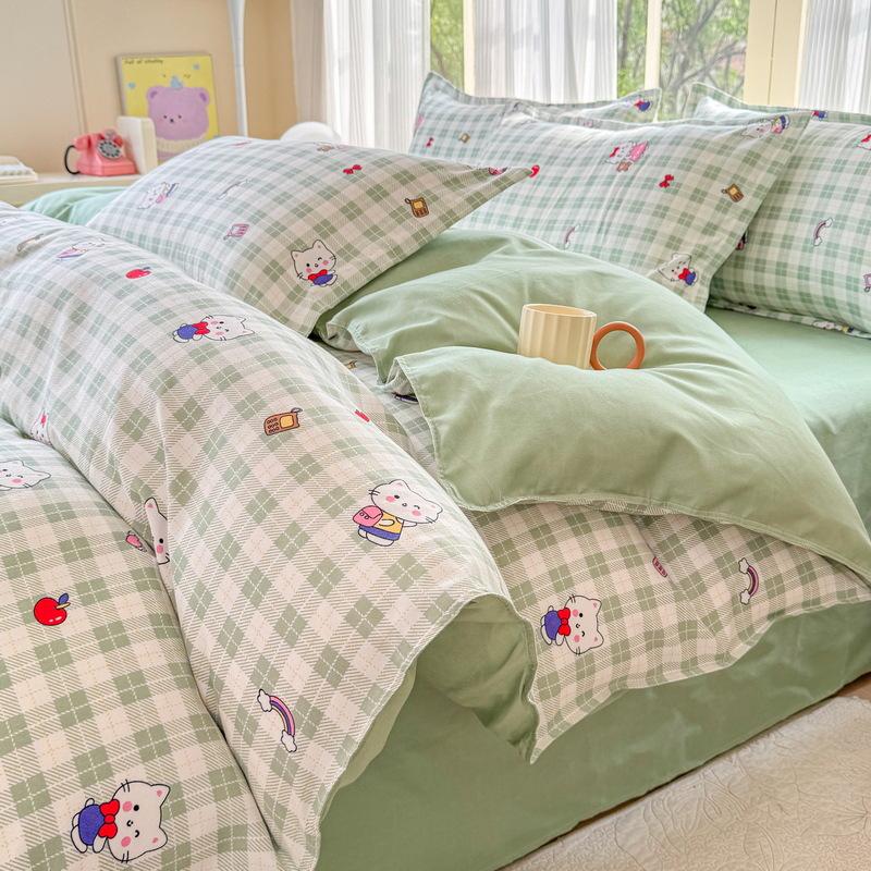 Cotton 4-piece Set Thickened Brushed Fresh Cotton Bed Sheet Quilt Cover Hats Models Dormitory 3-piece Set