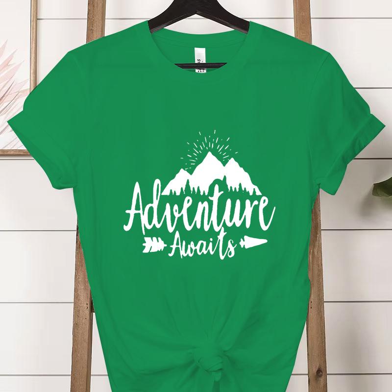 Adventure Awaits Crew Neck Short Sleeve Tshirt Women Mountain Outdoors Hiking Classic Tops Funny Camping Gifts Casual Tshirts