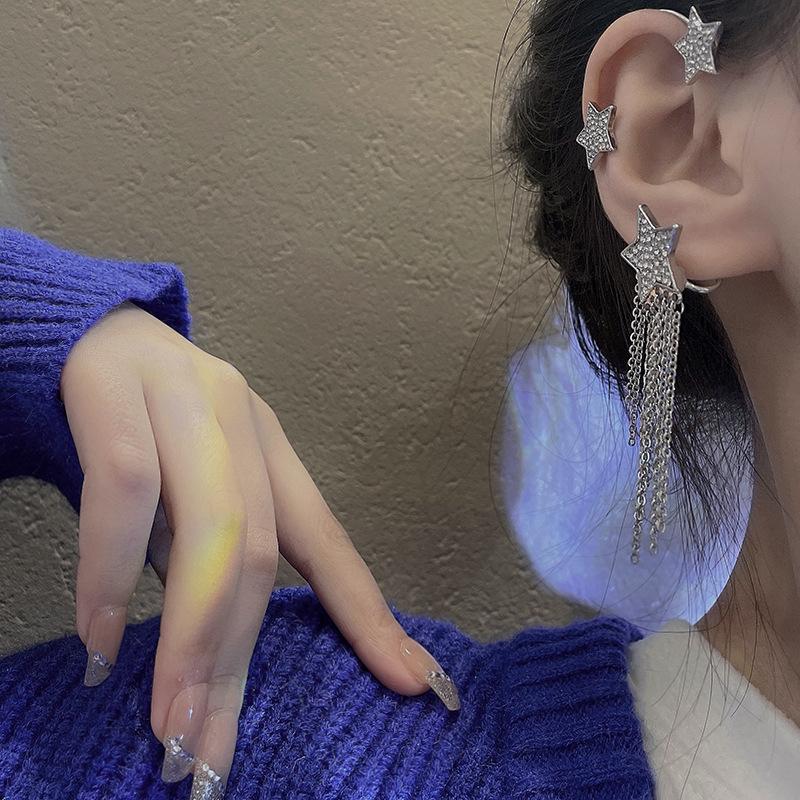 Korean Tassel Without Ear Piercing Ear Hanging Female Ins Tide Full of Diamond Star Earrings Internet Celebrity Explosion Super Flash Earrings