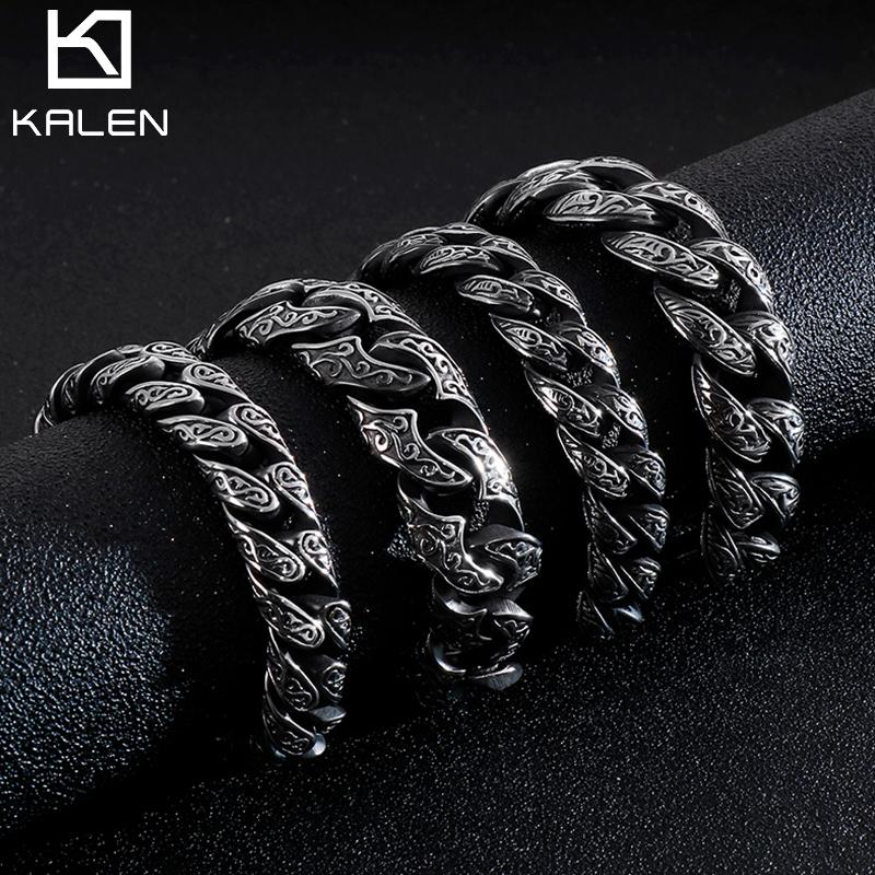 Kalen Vintage Black Men Stainless Steel Bracelet Cuban Link Chain Punk Wristband Bracelets Fashion Jewelry