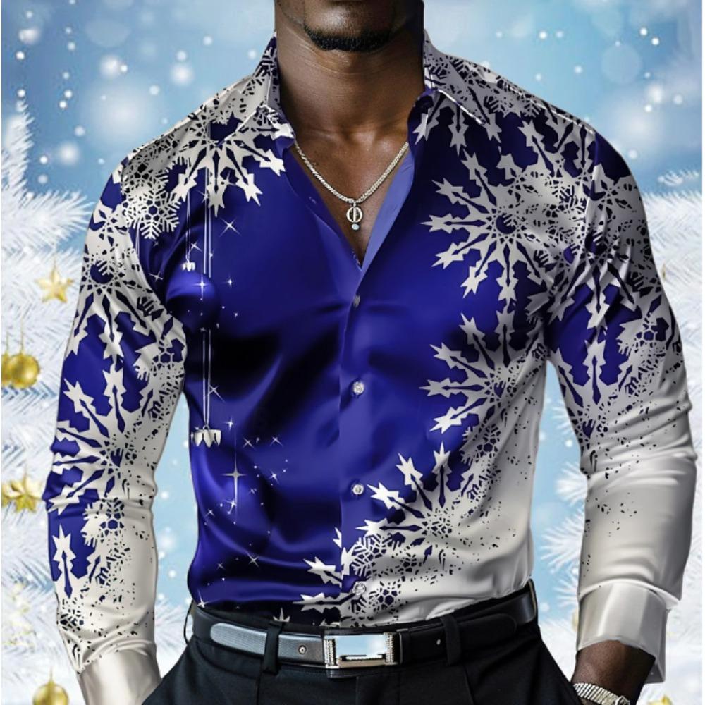 Heren Snowflake Print Lange Mouw Shirts Casual Vest Nieuwe Knopen Vakantie Mode Shirts