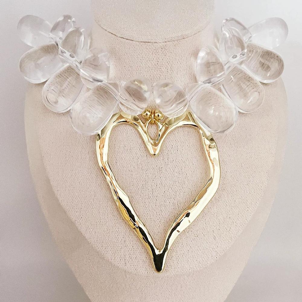 New Heart-Shaped Necklace Transparent Water Drop Fashion Heart-Shaped Beaded Necklace Trendy Women's Jewelry Accessory
