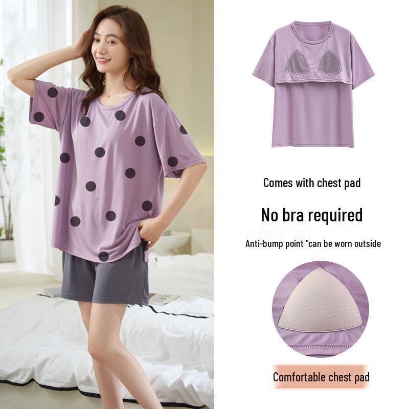 Women's Summer Modal Pajama Set with Chest Pad - Short Sleeve and Shorts, Cool Rayon, Anti-Bump, Suitable for Outdoor Wear