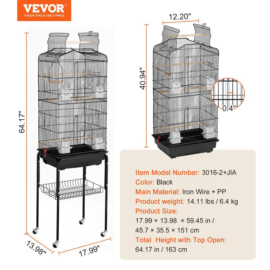 VEVOR Large Bird Cage, 62 In, Open Top Parakeet Cage with Rolling Stand, Steel Bird Flight Cage with Removable Tray, Budgie Birdcage with 4 Perches