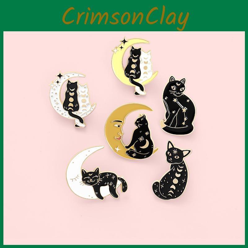 Cat Moon Captivating Design Pin Unique Alloy Brooch With Enamel Finish For Style Creative