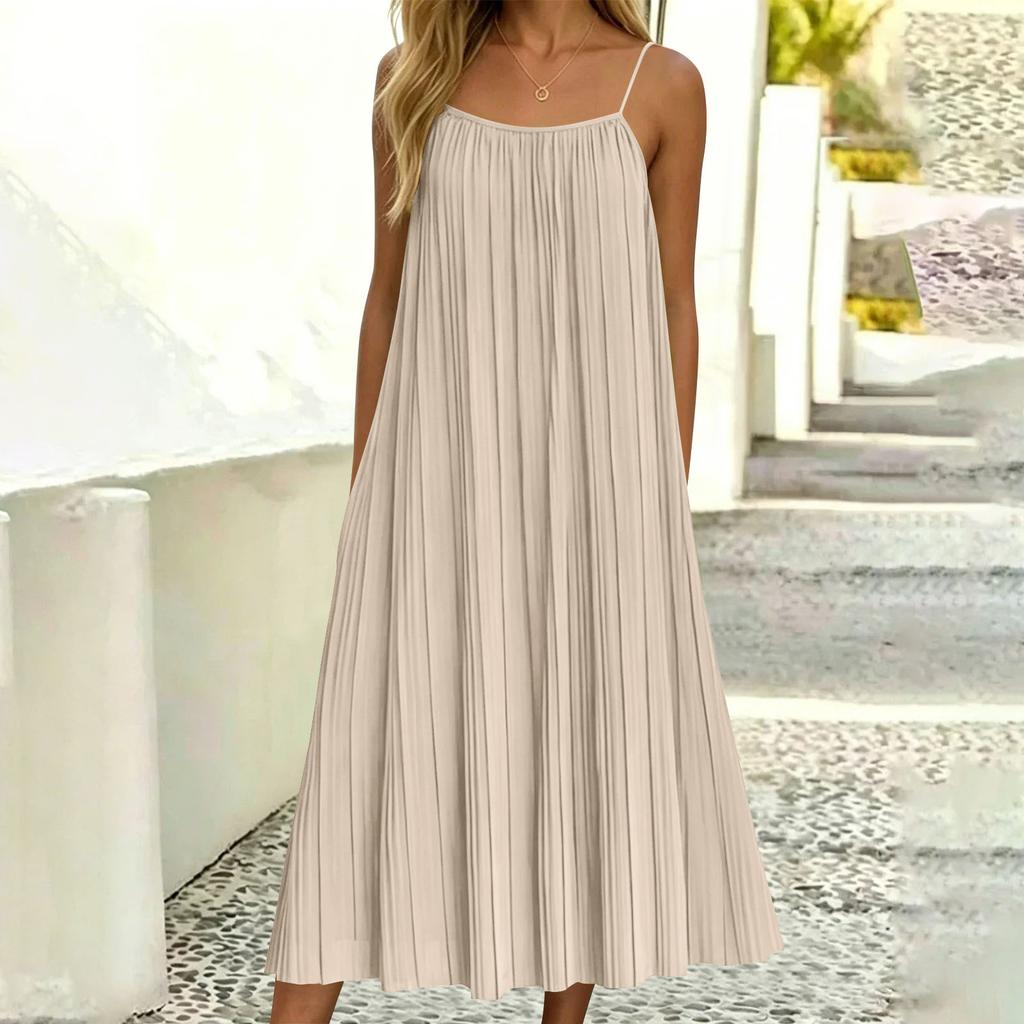 Damen Casual Ärmelloses Plissiertes Träger-Midikleid Lockere Passform