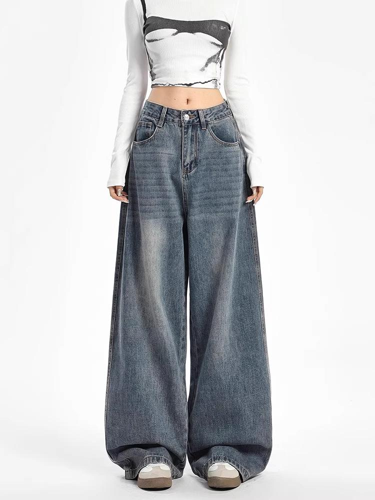 Unisex American Retro High-Waist Wide-Leg Jeans: Spring & Autumn, Loose, Slimming, Drapey, Floor-Length Straight-Leg Style.