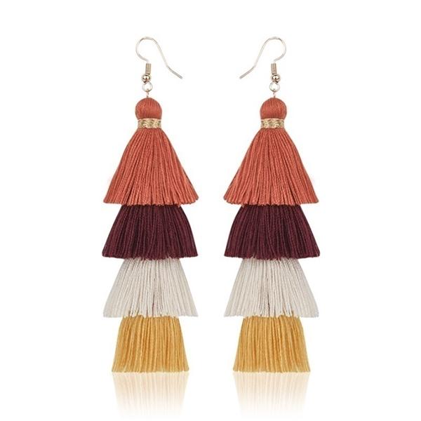 Bohemian Fringe Long Gradient Multilayer Drop Earrings Women Silk Fabric Ethnic Tassel Earring