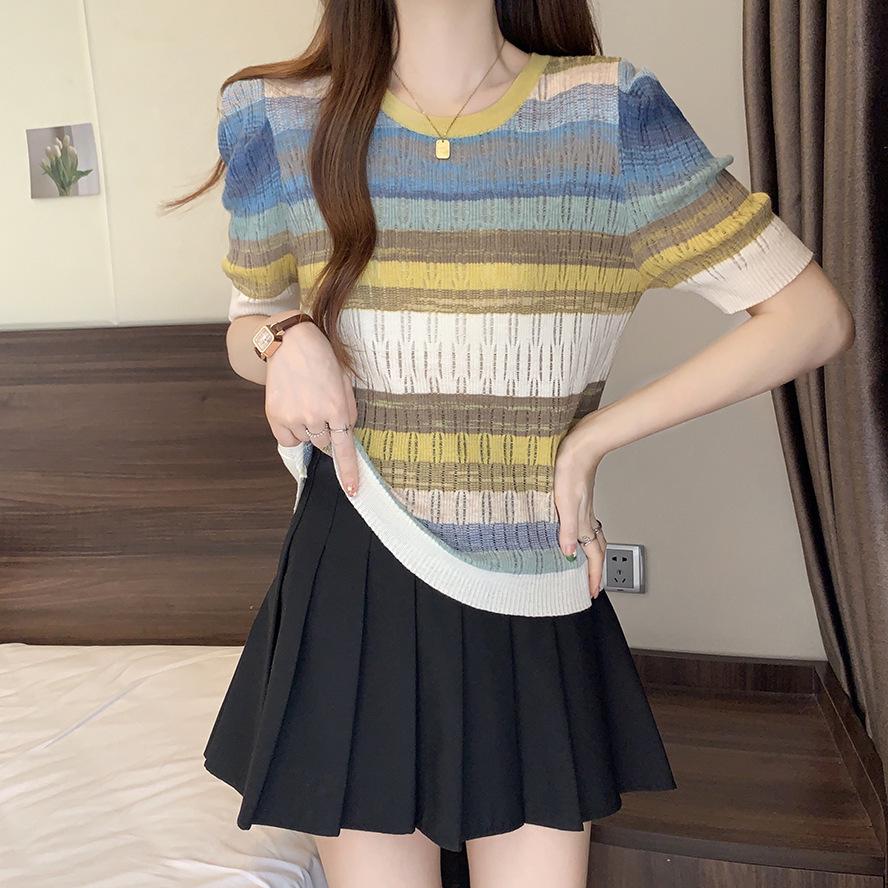 

Женская трикотажная футболка в радужную полоску, колор-блок, круглый вырез, короткий рукав, коллекция лето 2025 One Size 80-135 Jin жёлтый