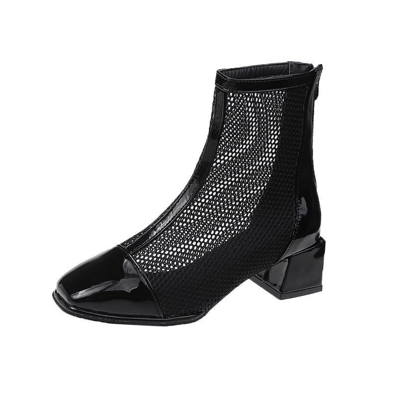 Coarse heel square head women's shoes mesh yarn Roman Korean version fashion square buckle rear zipper Gaobang mother single shoes cool boots