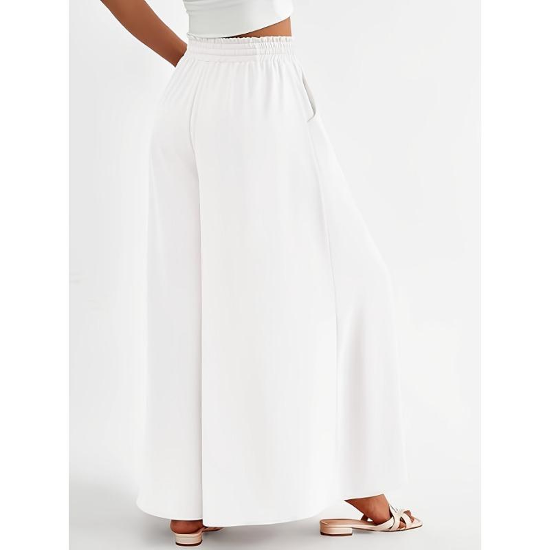 Women Spring Summer New High Waist Elastic Waistband Wide Leg Palazzo Pants Skirt Pants