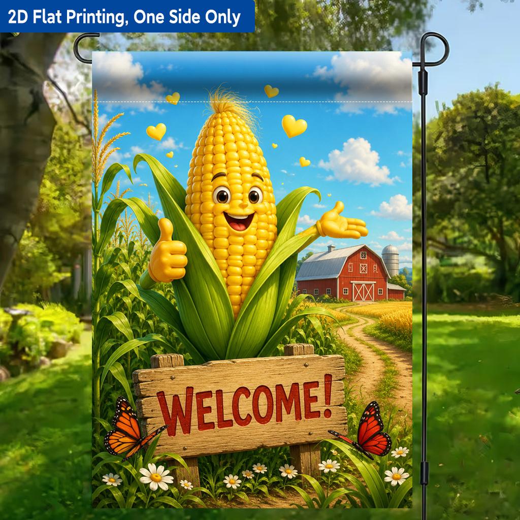 2D Flat - 2D Flat Printing Garden Flag 1pc, Cartoon Corn Welcome Sign Polyester Garden Flag, Single-Sided Printing, Outdoor Holiday Decor for Home And