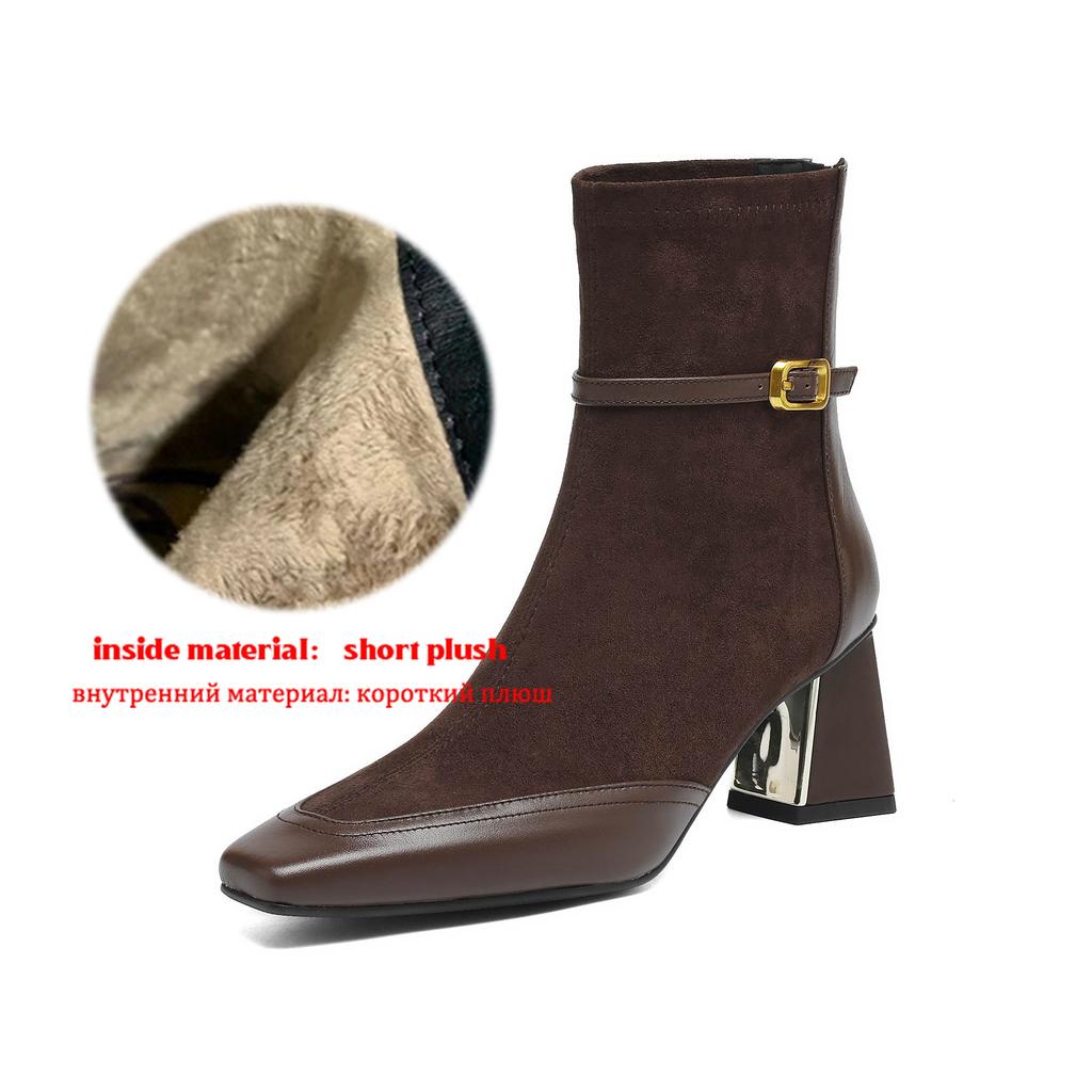 Krazing Pot Flock Cow Skin Square Toe Thick Heels Chelsea Boots Size 42 Beauty Lady Women Modern Fashion Girl Ankle Boots