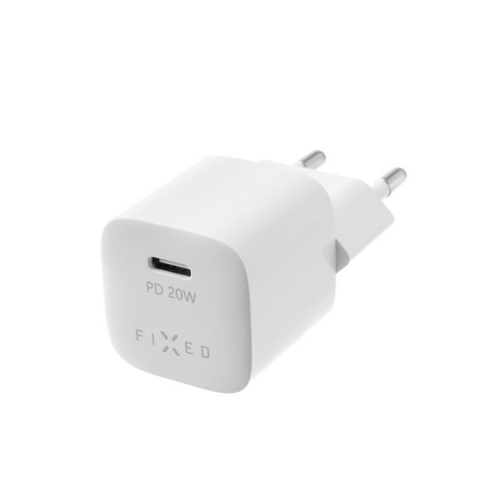 FIXED Mini chargeur de sortie USB-C et ensemble de câbles USB-C-USB-C, support PD, 1 mètre, 20W, blanc