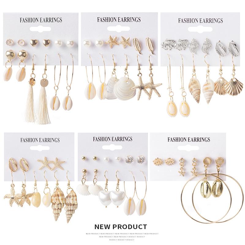 Fashion Alloy Shell Tassel Earrings, Beach Ocean Wind Conch Pearl Multi-Pair Stud Earrings