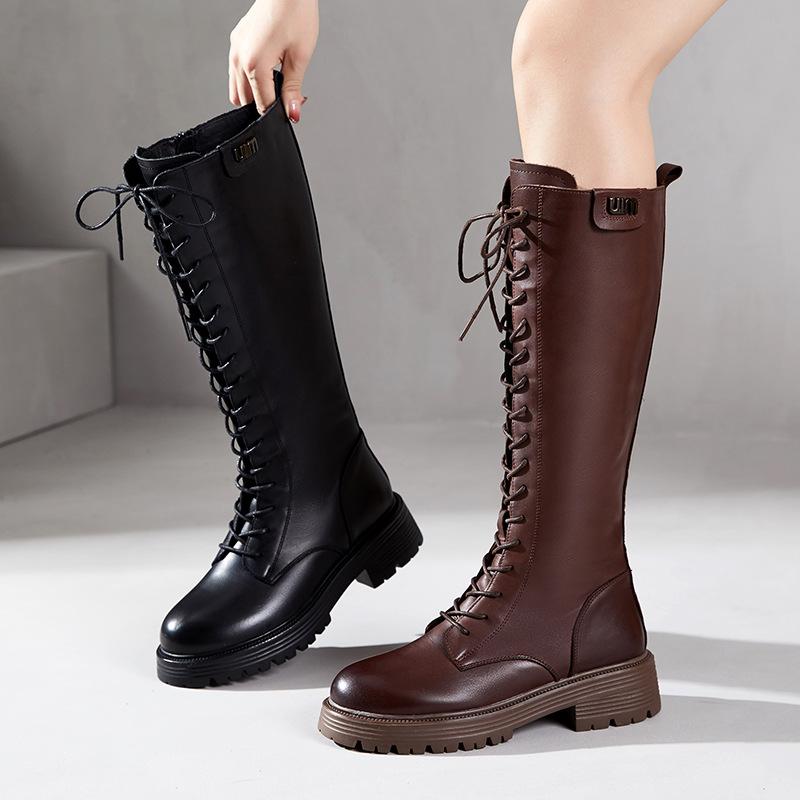 [Pantof întreg din piele] Cizme din piele de vacă de prim strat pentru femei toamnă și iarnă 2025 cizme de cavaler din piele cu șireturi și catifea