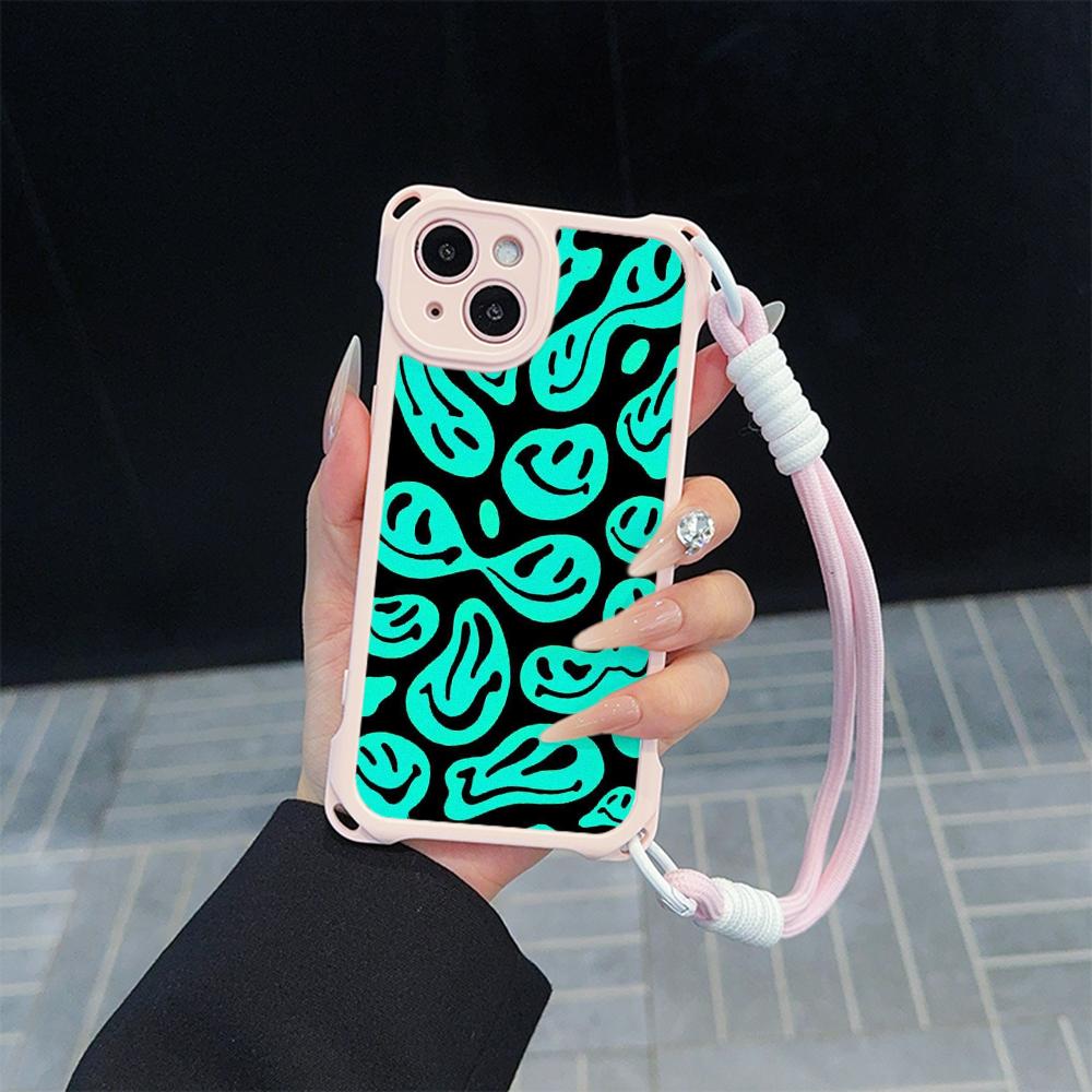Ae88 Lovely Smiley Art Soft Phone Cases for iPhone 16 15 14 13 12 11 Pro Max XR with Wrist Strap Lanyard Corner Protection Back Cover
