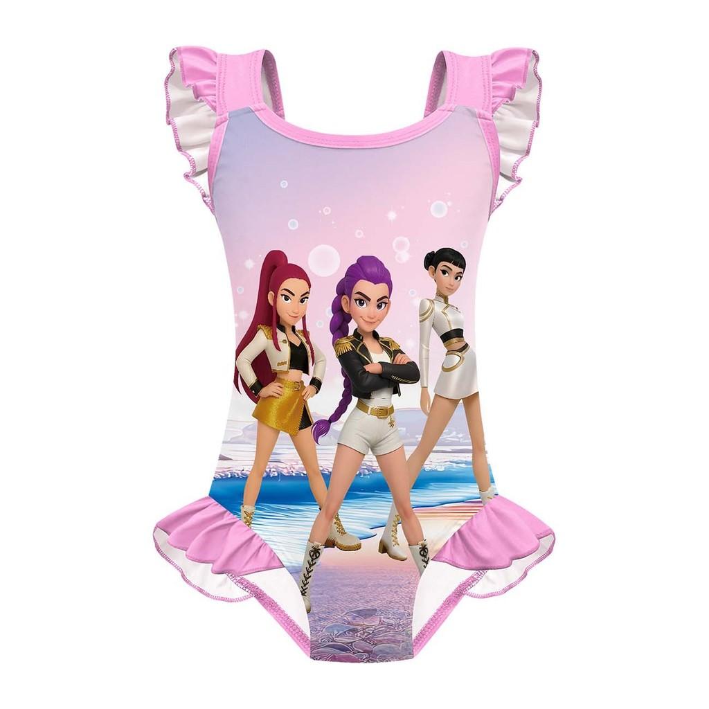 20826 Детский Девочки Аниме KPOP Руми Зои Мира Принт Рюши Без Рукавов Купальник Цельный Купальный Костюм 100cm розовый