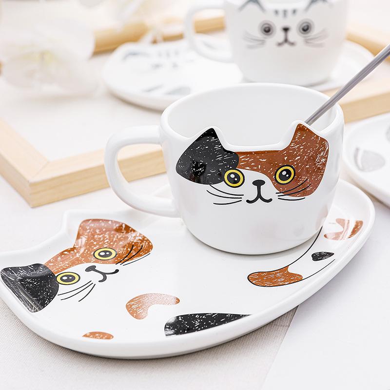 European Ceramic Cat Ceramic Mug Dessert Plate Set Cartoon Animal Mug Simple Couple Cup Kitchenware 200ML Mug Exquisite Gift