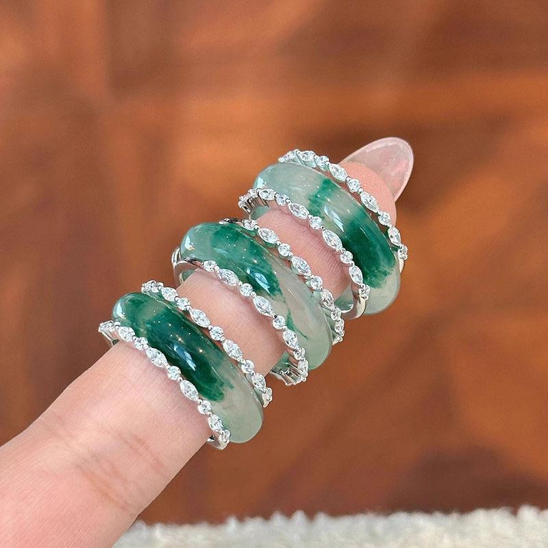 Classic inlay diamonds natural chalcedony green  rings for women new in Chinese style fashion exquisite ring  gift