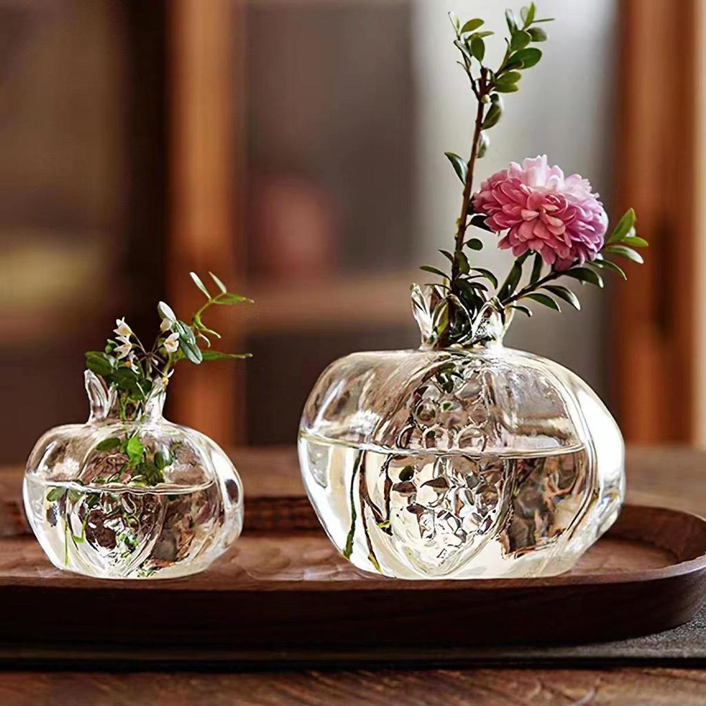 Handmade Japanese Glass Vase with Hammered Finish and Dried Pomegranate Flower Design