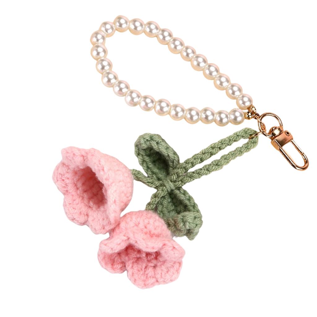Handmade Lily of the Valley Crochet Keychain with Pearls Soft Yarn Texture Fashion Key Holder Suitable for Bags and Keys