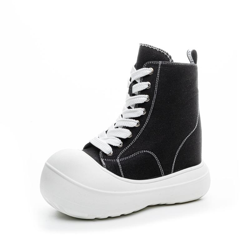 Fashion New Spring/Autumn Women's Platform Sneakers - Chunky Lace-Up Canvas Shoes with Hidden Height & Side Zipper, Street Style