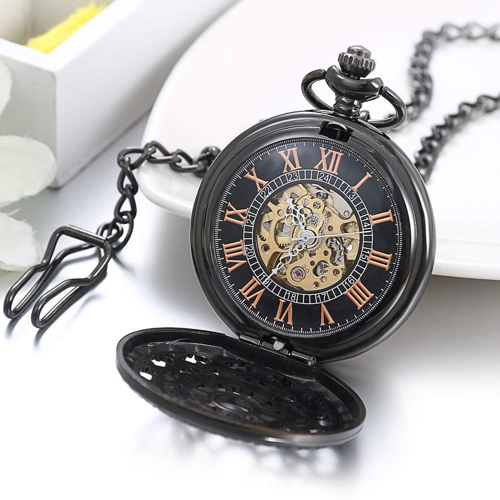 JewelryWe Pocket Rock Retro Antique Roman Analog Pocket Watch Pendant Perfect for and Black Watch, Necklace, Waterproof, Cosplay, Events, Halloween,
