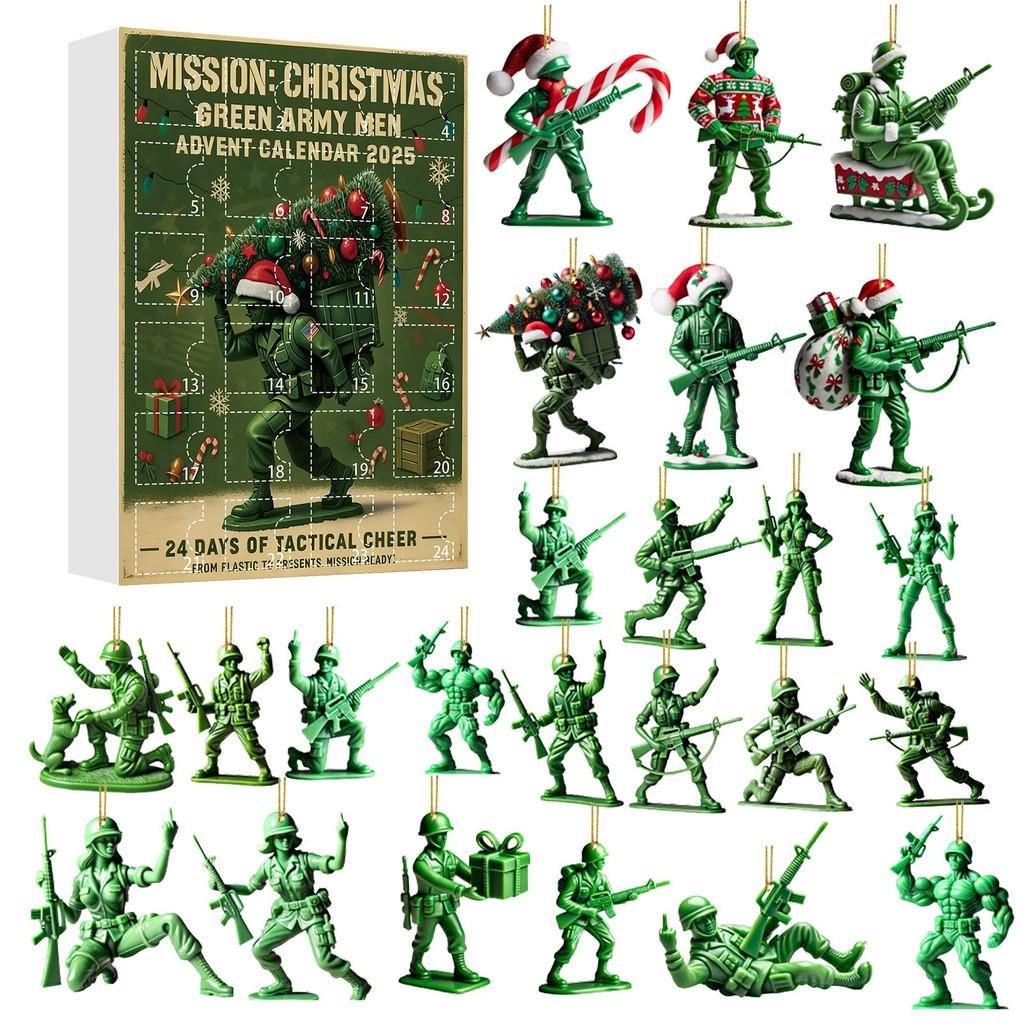 Weihnachts-Adventskalender-Überraschungsbox Mit Grünen Armeefiguren Acryl-Anhänger Für Feiertagsdekoration Und Geschenke