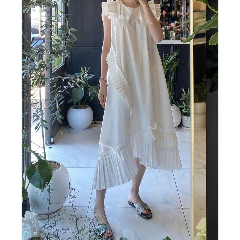 

Solid Color Irregular Pleated Dress Pure Color Asymmetrical Pleated Sleeveless Dress White All yards