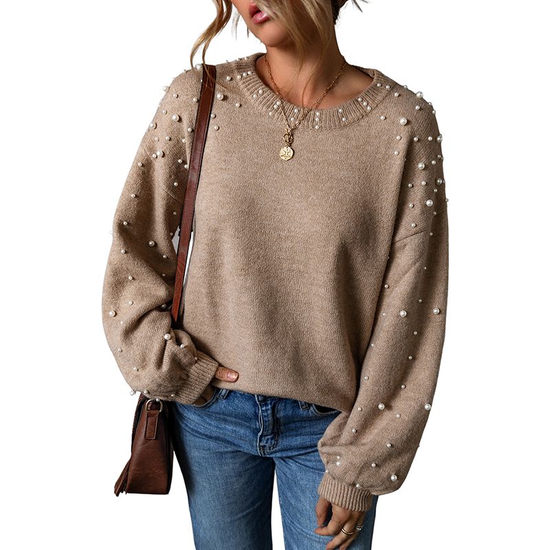 

Fall and Winter New Arrival Personalized Minority Beaded Drop Shoulder Sweater Women 2025 Fashion Commuter s All-Matching Thermal Head Cover Knitwear Khaki Size M fit (55.00 kg-62.50 kg