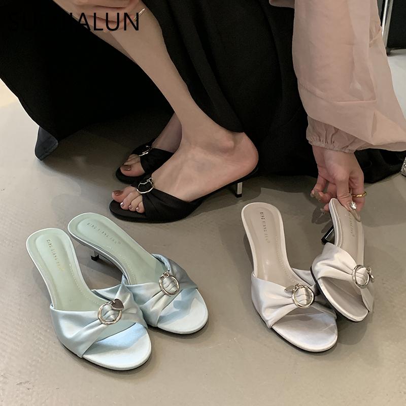 Fashion SUOJIALUN 2025 Summer New Brand Women Slipper Fashion Silk Bow-knot Ladies Elegant Sandal Thin High Heel Outdoor Dress Slides Sh