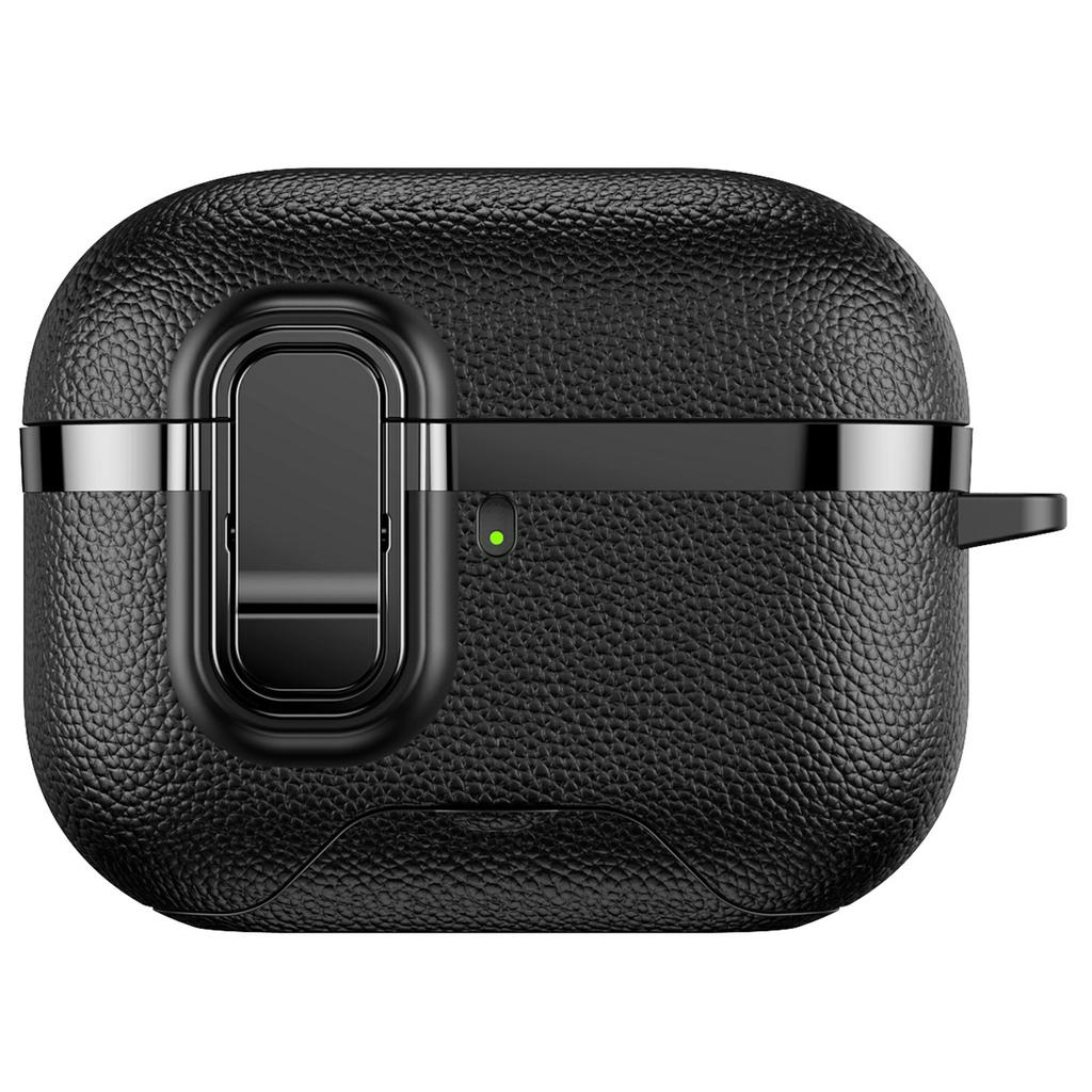 For AirPods Pro 3 Case Foldable Stand Electroplated Litchi Texture TPU PC Earbuds Cover with Switch / Carabiner