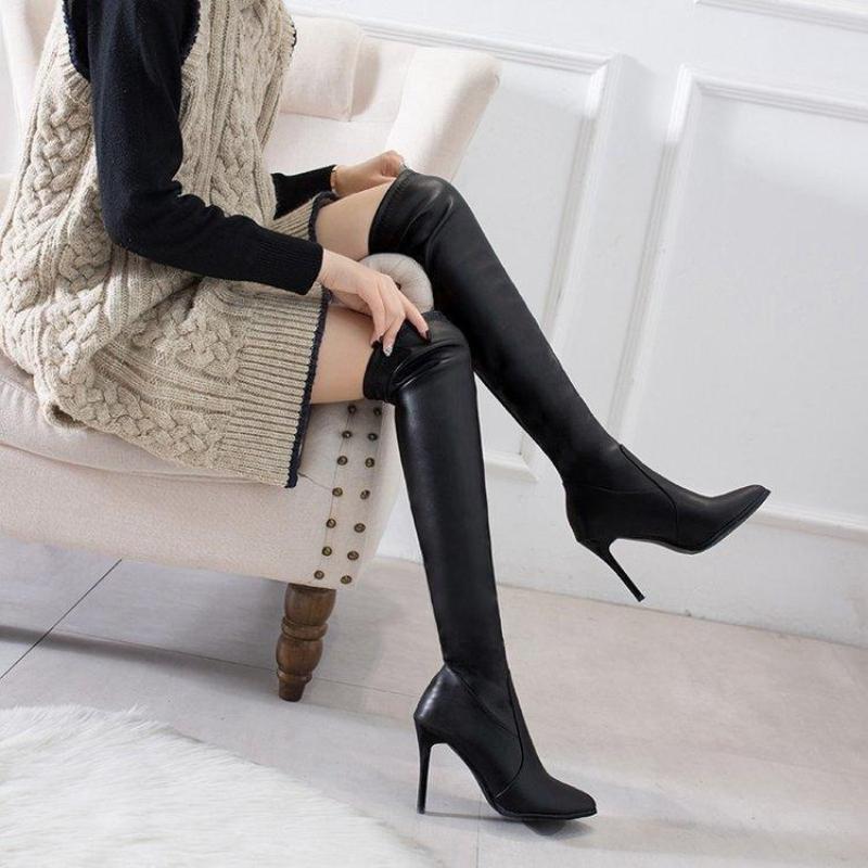 Autumn/Winter New Women's Over-the-Knee High-Heeled Stiletto Boots Stretchy Pointed Toe Leather Long Boots