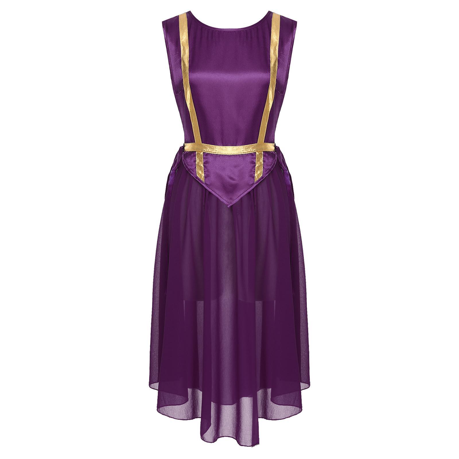 

Womens Liturgical Dance Choir Costume Round Neck Sleeveless Lace up Sides Split Satin Tunic S темно-фіолетовий колір