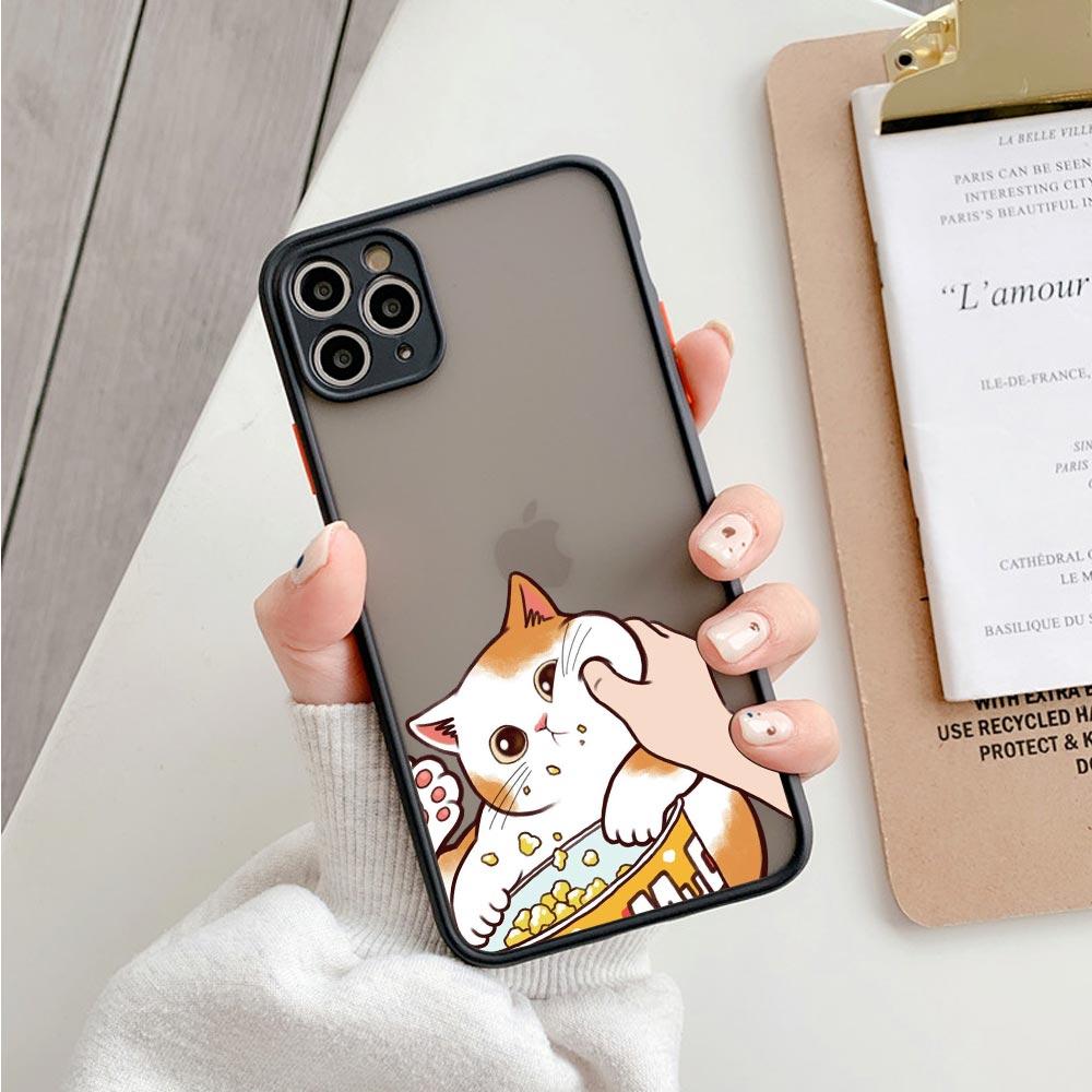 Animal Shockproof Matte Phone Case For Iphone 11 12 13 Pro Max Mini 7 Plus XR X S Cover Cute Pinched Face Eat Snacks Cat Cosplay