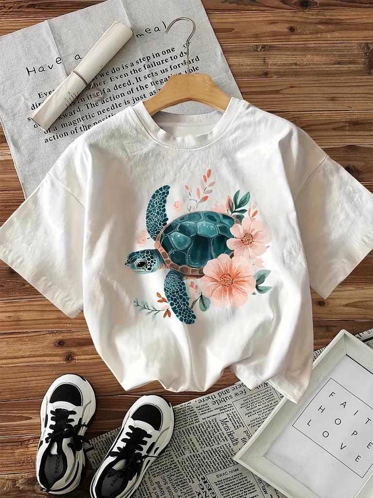 Harajuku Graphic Sea Turtle with Floral Cotton Womens Retro Print TShirt Crew Neck Short Sleeve Top Vintage Shirt