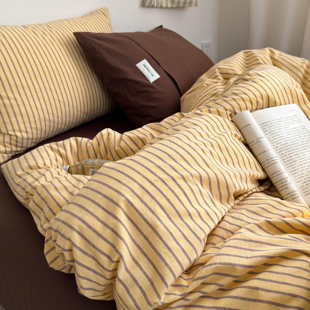 Japanese Style 100% Cotton Bedding Set King Queen Size Minimalist Striped Duvet Cover Set Comforter Cover Bed Sheet Pillow Cases