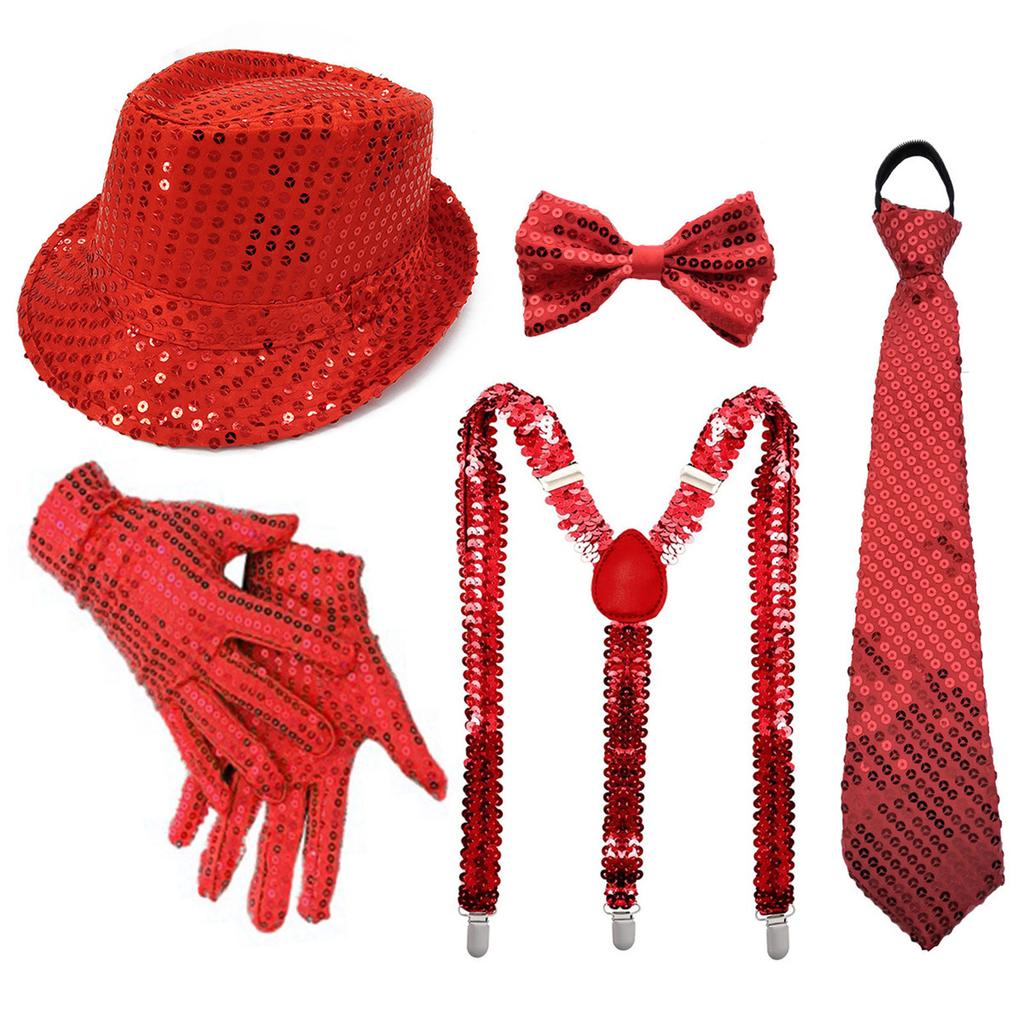 Pailletten Fedora Hoed Stropdas Bretels Stropdas Handschoenen Set voor Volwassenen Unisex Kostuum Accessoires voor Feest Evenement