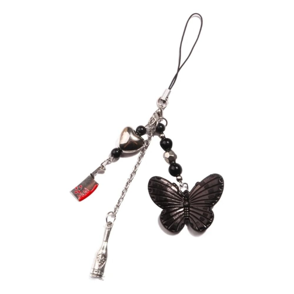 Gothic Style Mobile Phone Chain Black Butterfly Mobile Keychain Lanyard  Women Girls