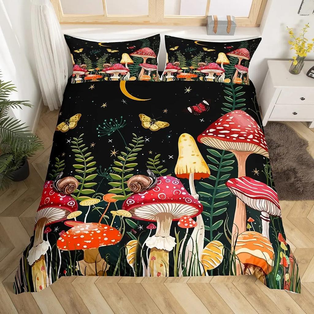 Glitter Starry Sky Galaxy Duvet Cover Mushroom Butterfly Quilt Cover Microfiber Star Moon Palm Leaves Flowers Queen Bedding Set