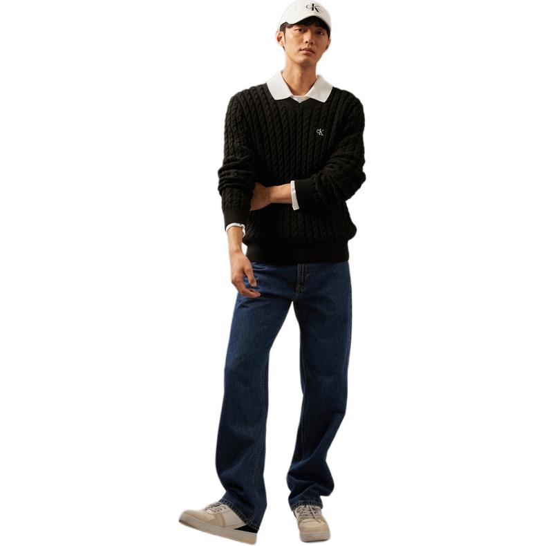 Calvin Klein Lässiger Pendler Bestickter V-Ausschnitt Zopfstrickpullover Unisex Pullover Space-Black J326795-BEH