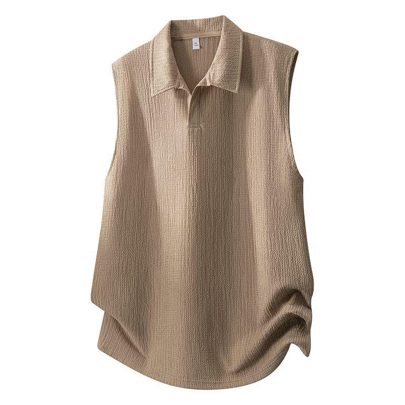 Herren Trendy Locker geschnittenes Schwarzes Ärmelloses Revers-T-Shirt für Frühling/Sommer XL braun