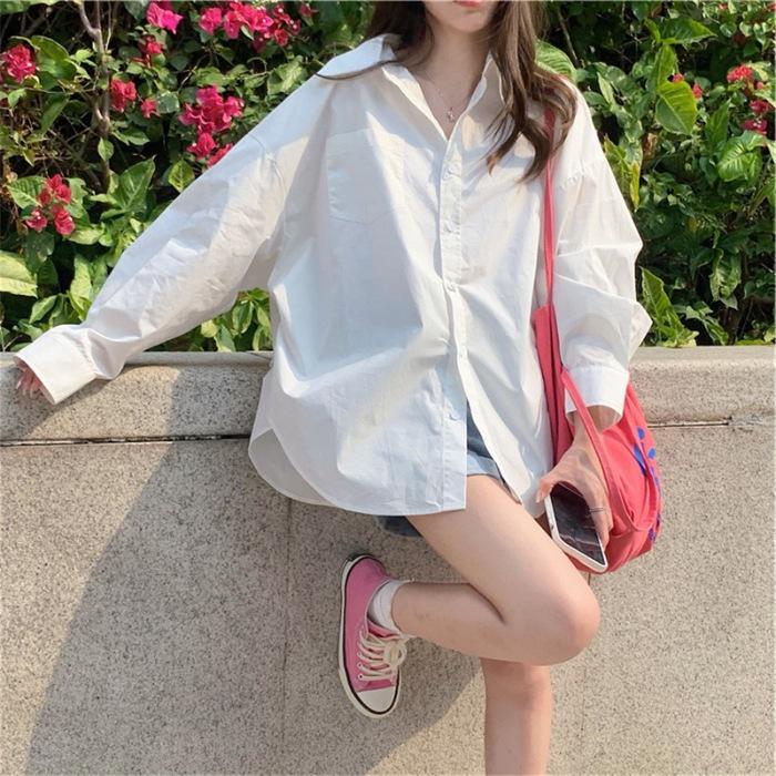 

Универсальная свободная белая рубашка и тонкая куртка в корейском стиле для женщин - Уникальный дизайн и защита от солнца Large
